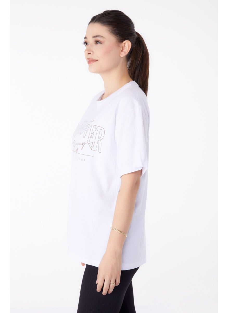 Plain Crew Neck Women's White Printed Short Sleeve T-Shirt - 25388