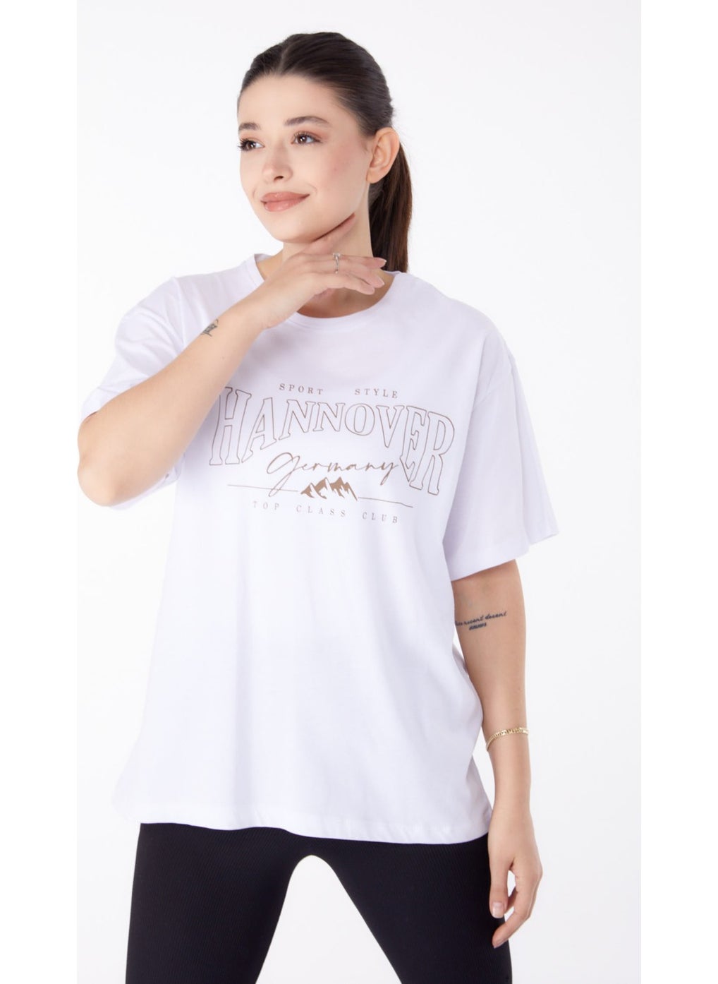 Plain Crew Neck Women's White Printed Short Sleeve T-Shirt - 25388