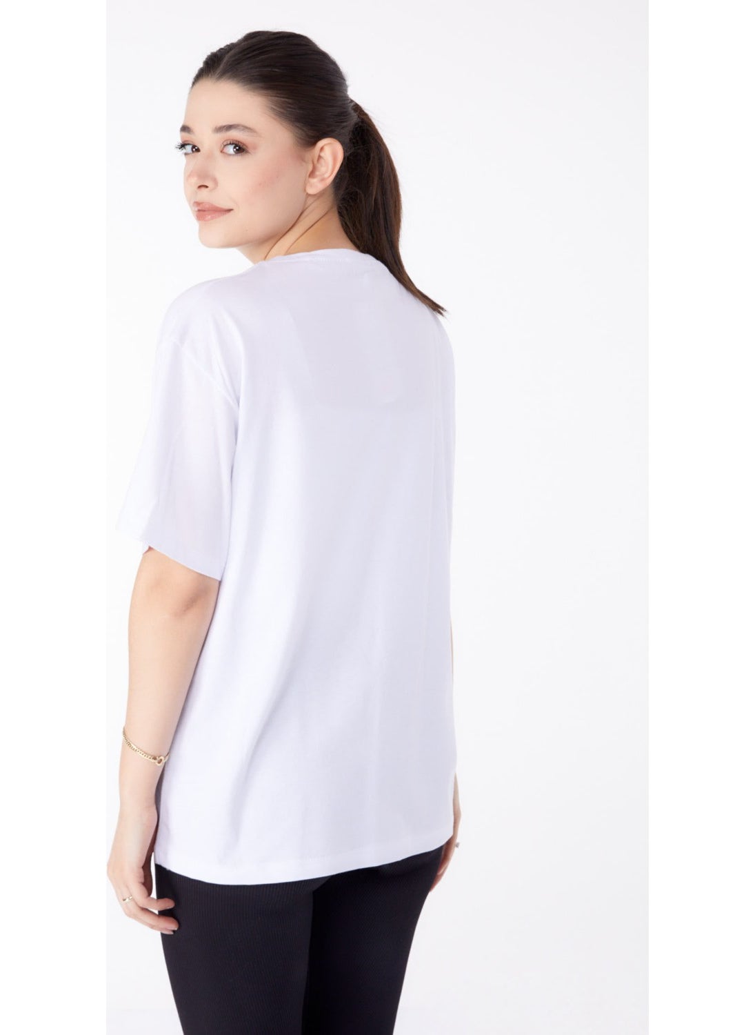 Plain Crew Neck Women's White Printed Short Sleeve T-Shirt - 25388