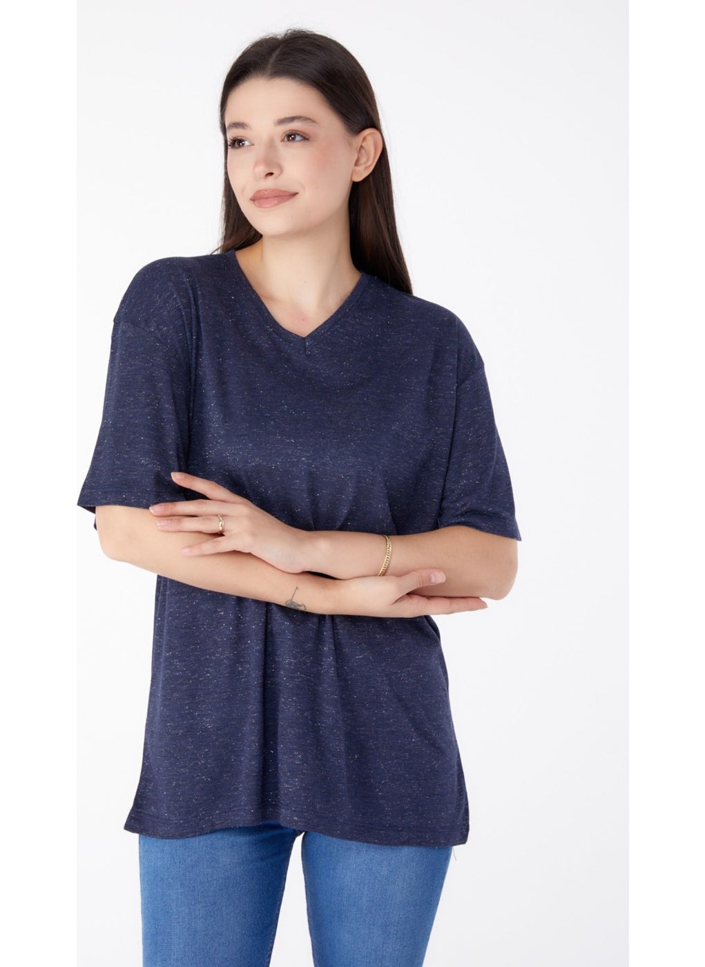 Plain Medium Women's Navy Blue V Neck Glitter T-Shirt - 25402