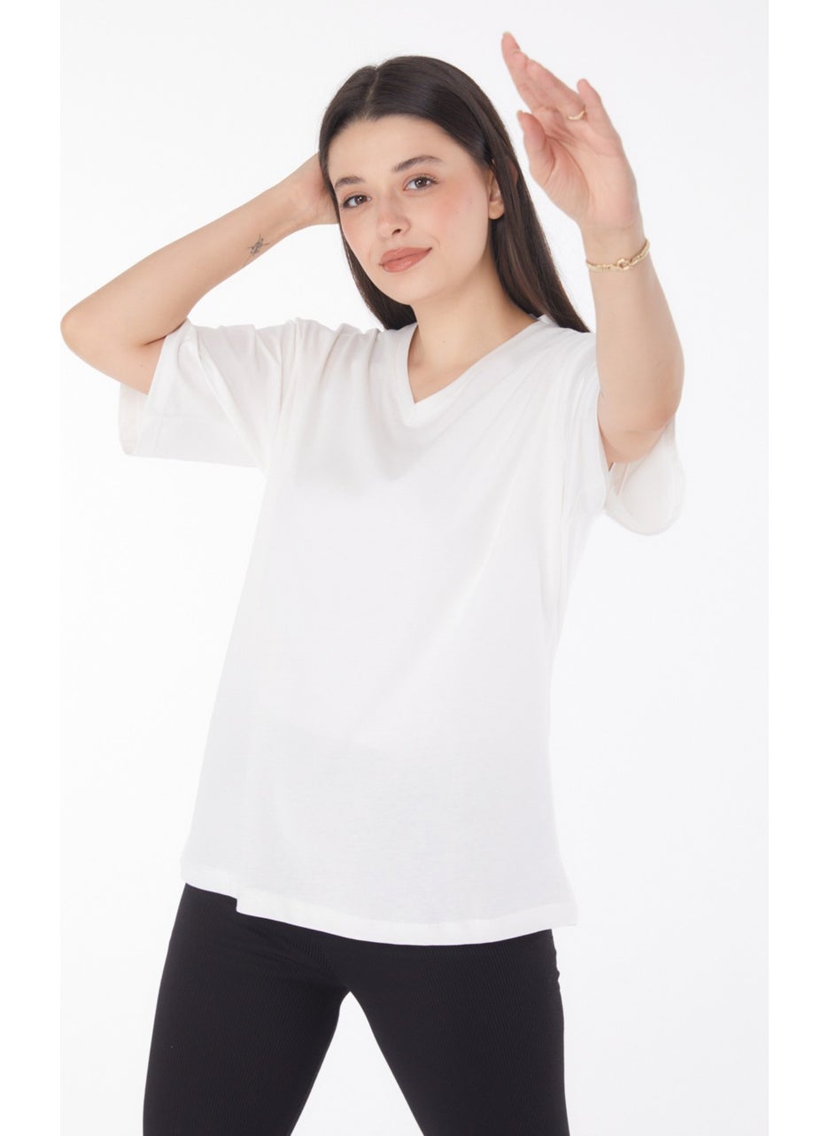 Plain Navy Collar Women's Ecru V Neck T-Shirt - 25767