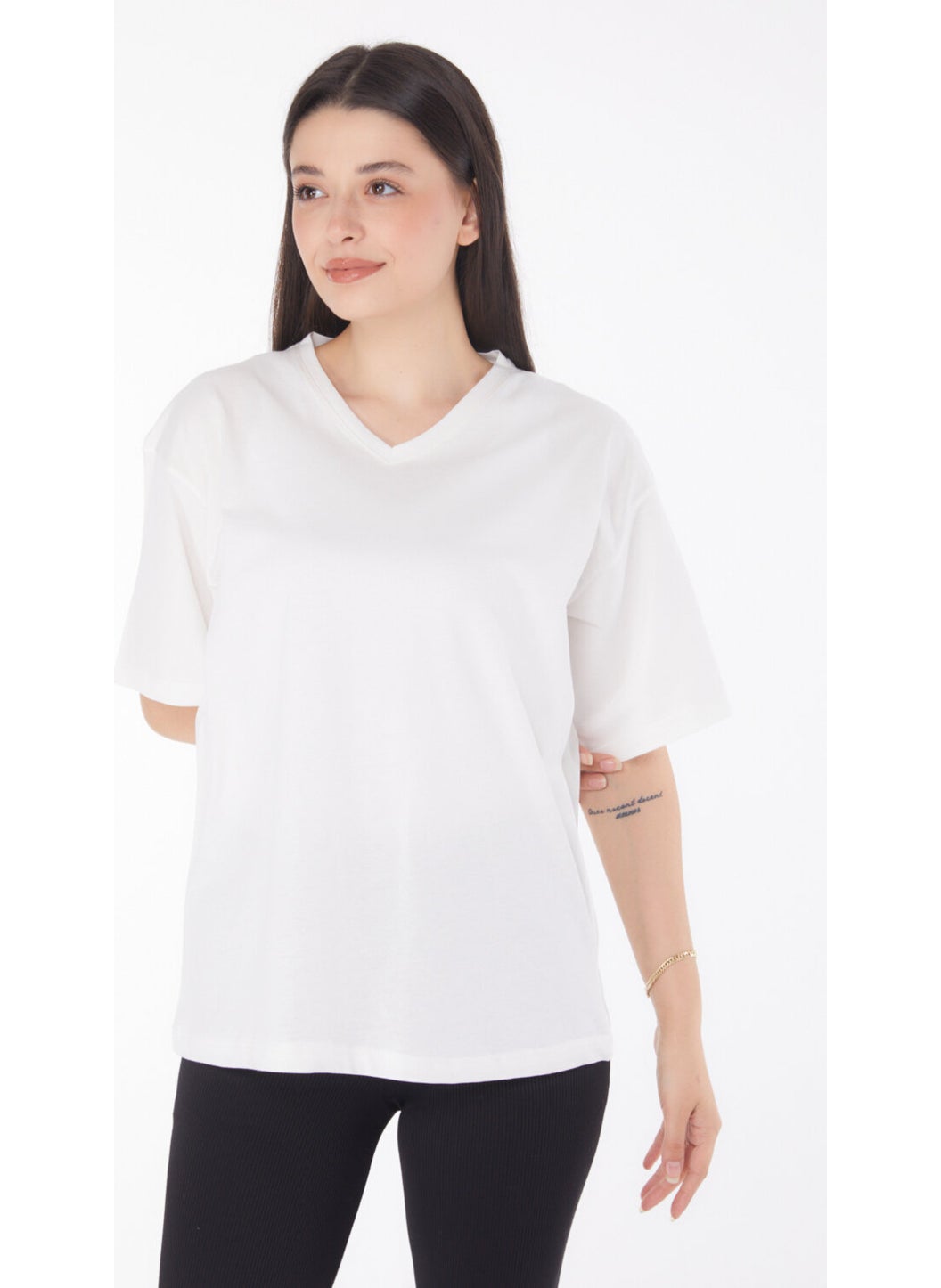 Plain Navy Collar Women's Ecru V Neck T-Shirt - 25767