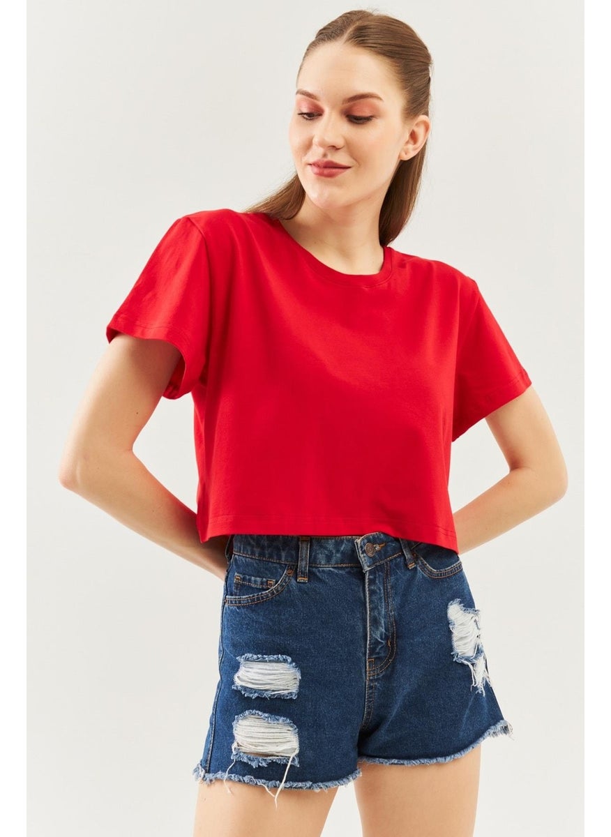 Red Oversize Comfortable 100% Cotton Combed Crew Neck Short Sleeve Basic Crop T-Shirt