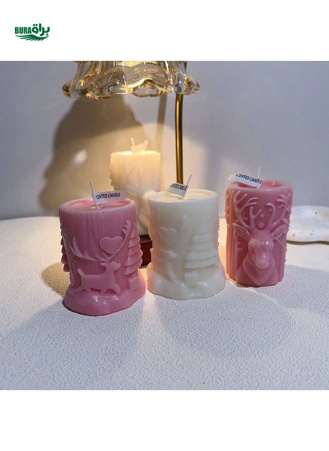 1pc Christmas Reindeer Cylinder Candle, Holiday Gift, Floating Relief Sculpture Home Decor, Christmas Scented Candle