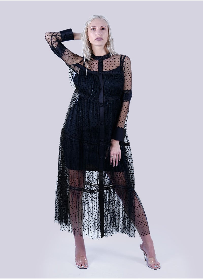 Boho Chic - Black Long Sleeve Midi Dress