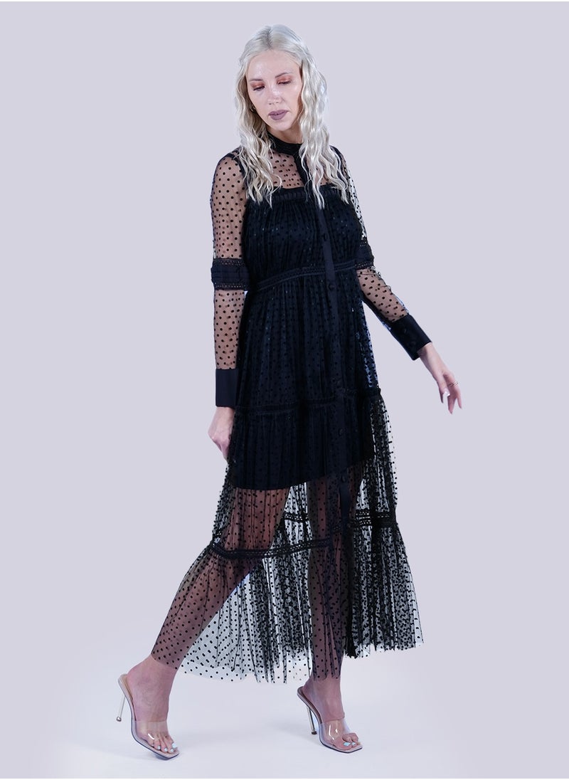 Boho Chic - Black Long Sleeve Midi Dress