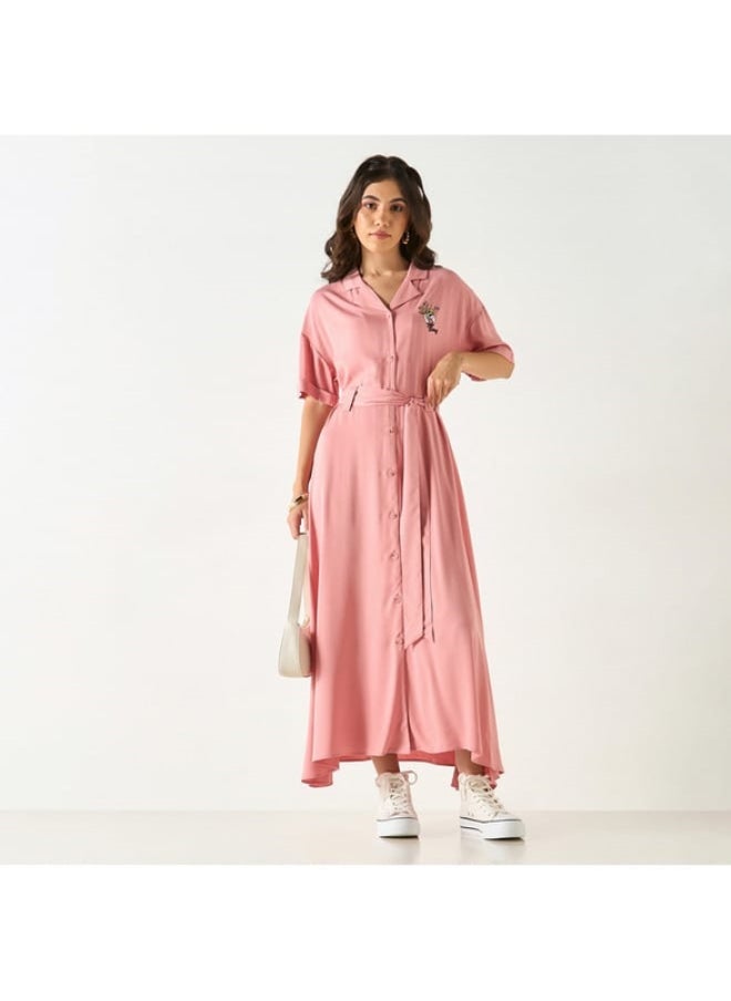 Lola Bunny Embroidered Shirt Dress with Notch Collar and Tie-Up Belt