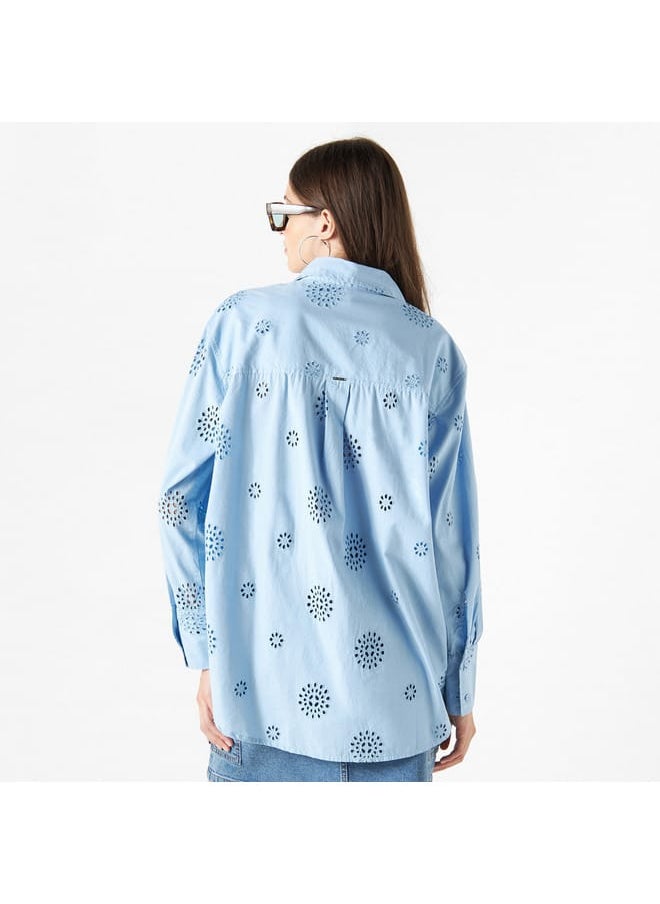 Lee Cooper All-Over Schiffli Embroidered Cotton Shirt with Long Sleeves