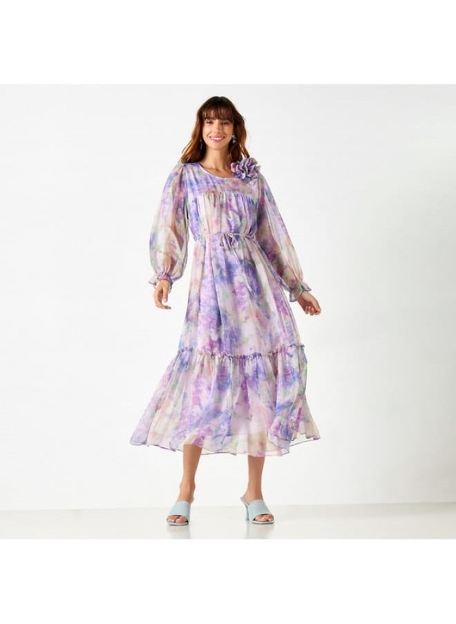 2Xtremz All-Over Print Dress with Volume Sleeves and Tie-Up Belt