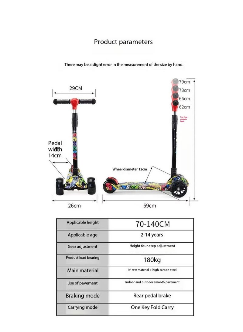 Kids Scooter, 3 Wheel Scooter, Foldable and Height Adjustable with Flashing Wheels and Music Pedal Lights, Flashing Music Scooter, Suitable for Boys and Girls, 2-8 Years Old