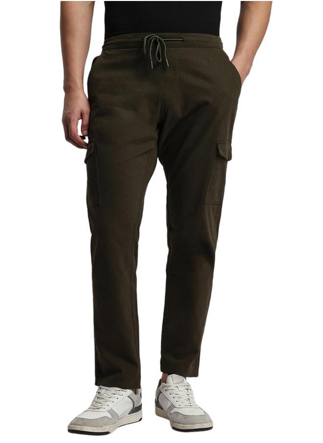 Dark Olive Tapered Fit Chinos for Men - Cotton Lycra, Full Length, Button & Zip, Mid Rise, Casual,