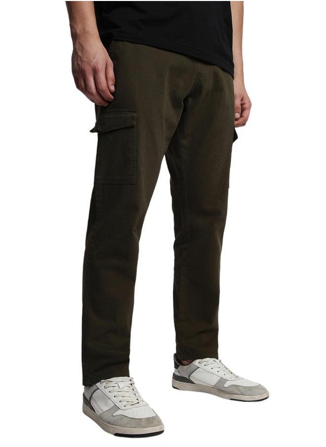 Dark Olive Tapered Fit Chinos for Men - Cotton Lycra, Full Length, Button & Zip, Mid Rise, Casual,