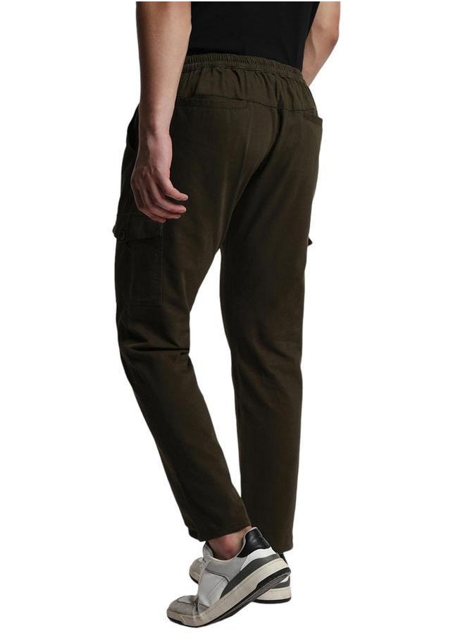 Dark Olive Tapered Fit Chinos for Men - Cotton Lycra, Full Length, Button & Zip, Mid Rise, Casual,