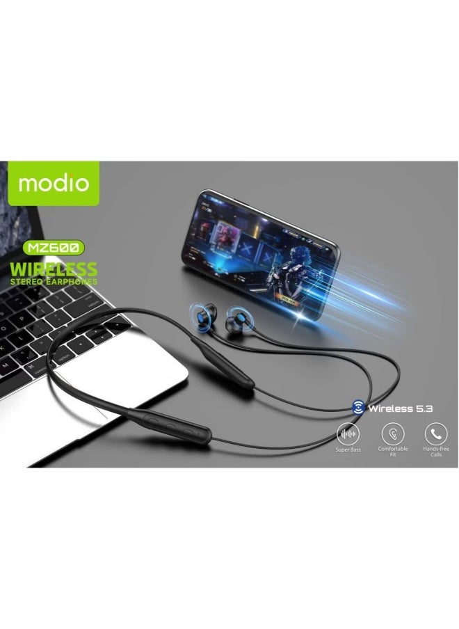 Modio MZ600 Wireless Stereo Neckband Earphones – Bluetooth 5.3, Super Bass, 15-Hour Battery Life, Comfortable Fit (Black)