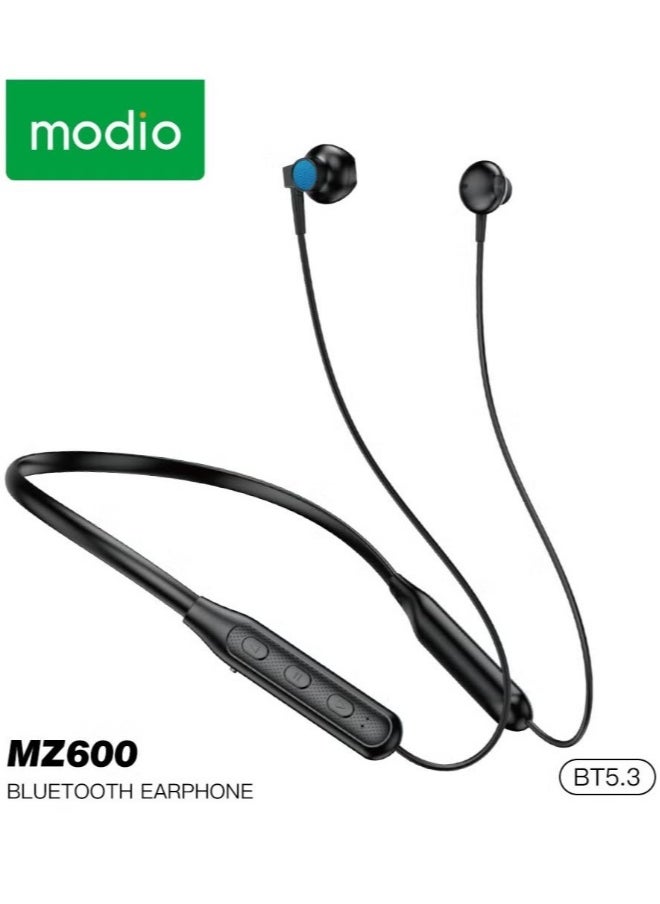 Modio MZ600 Wireless Stereo Neckband Earphones – Bluetooth 5.3, Super Bass, 15-Hour Battery Life, Comfortable Fit (Black)