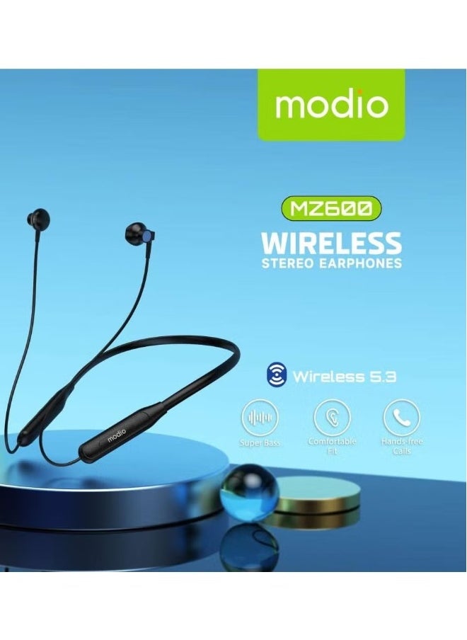 Modio MZ600 Wireless Stereo Neckband Earphones – Bluetooth 5.3, Super Bass, 15-Hour Battery Life, Comfortable Fit (Black)