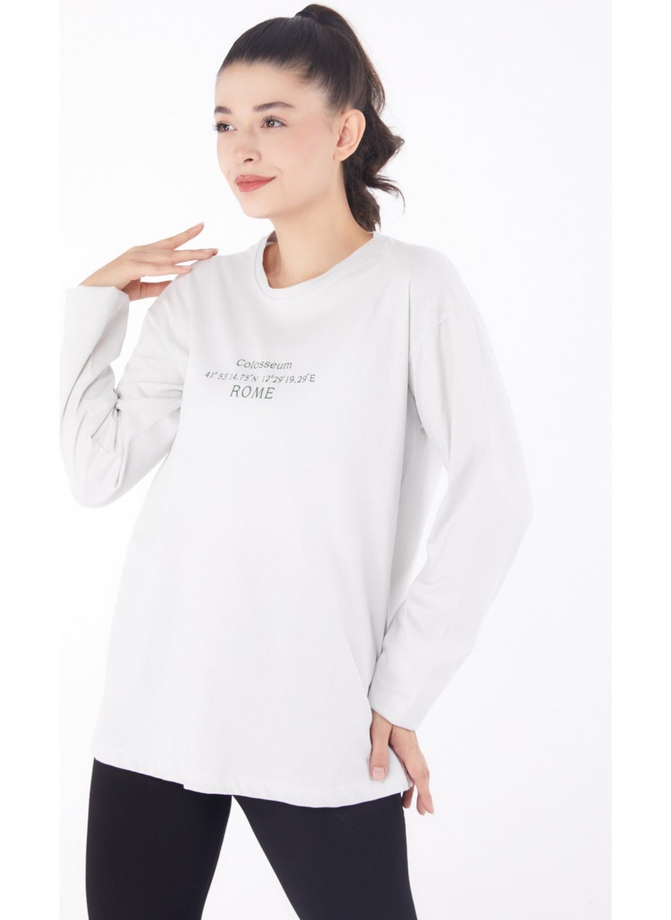 Plain Crew Neck Women's White Printed Sweater - 26239