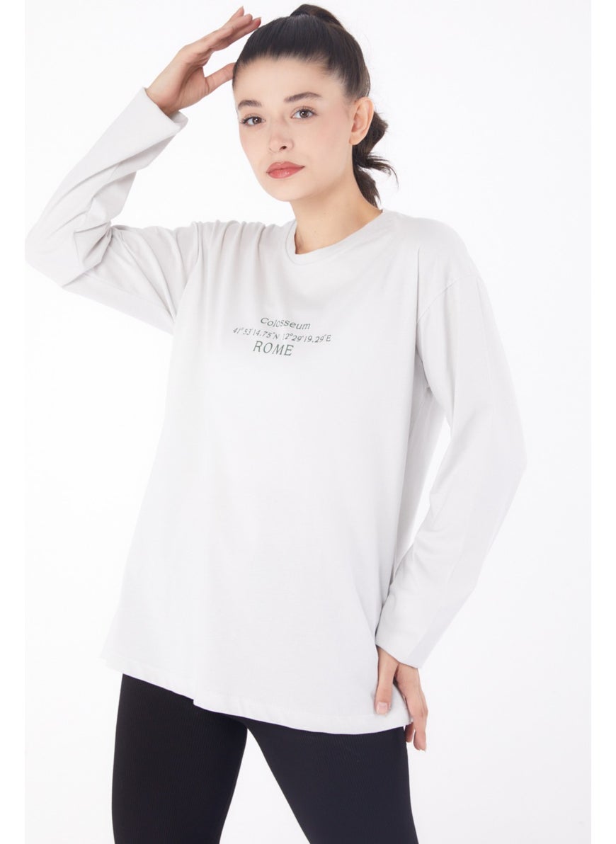 Plain Crew Neck Women's White Printed Sweater - 26239