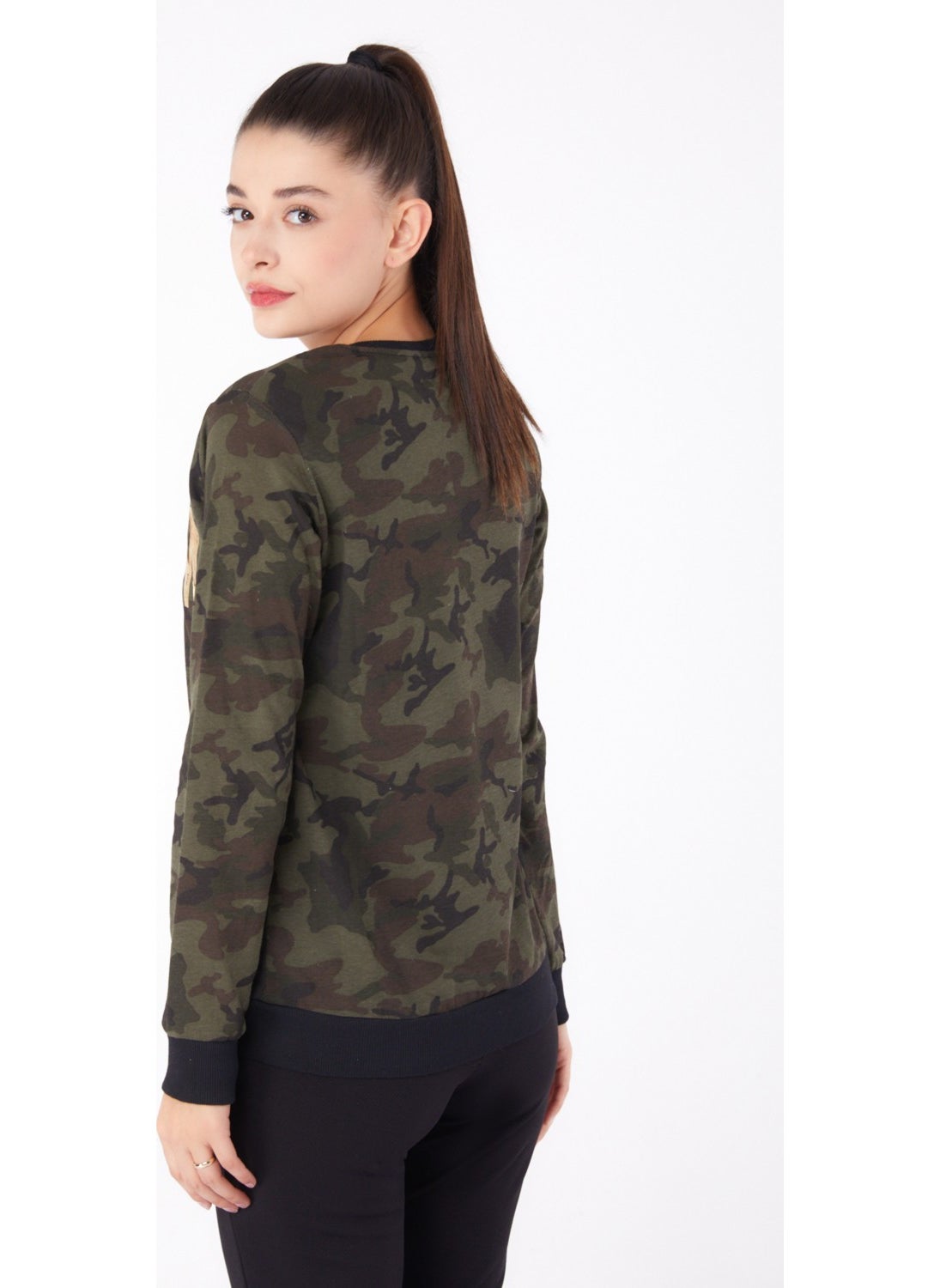 Plain Crew Neck Women's Khaki Printed Sweatshirt - 26294