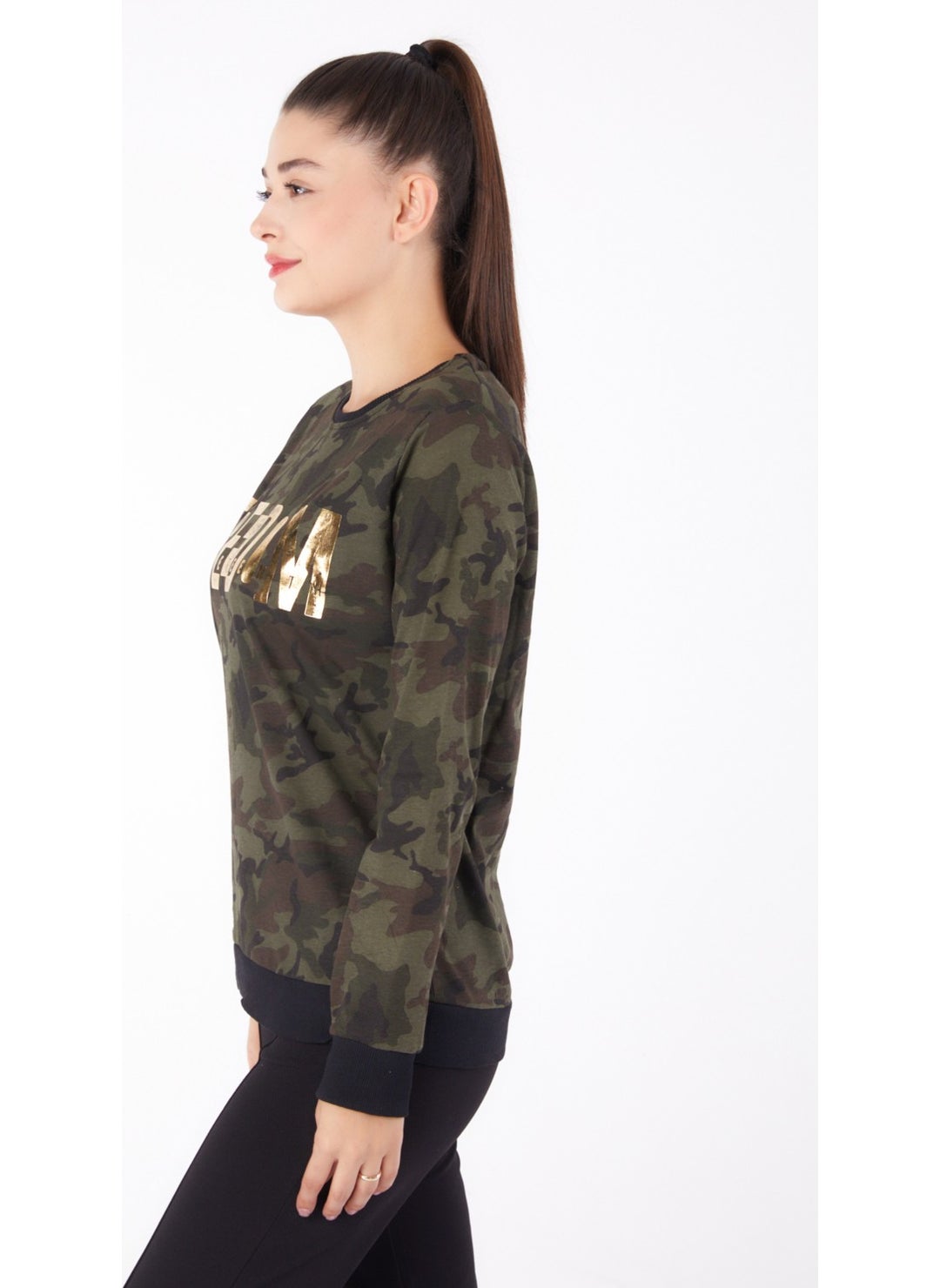 Plain Crew Neck Women's Khaki Printed Sweatshirt - 26294