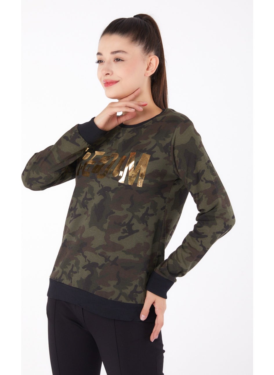 Plain Crew Neck Women's Khaki Printed Sweatshirt - 26294