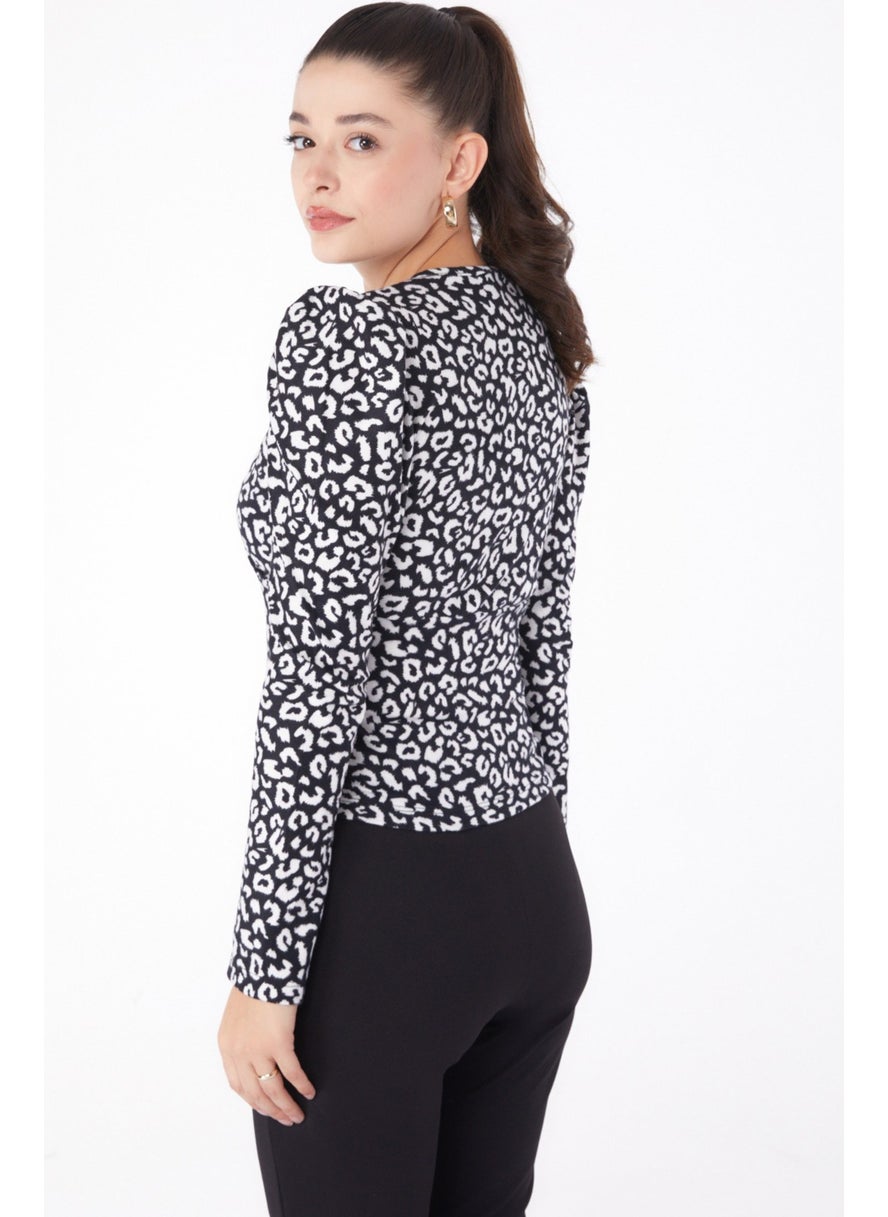 Plain Cowl Collar Women's Black Leopard Patterned Blouse - 26215