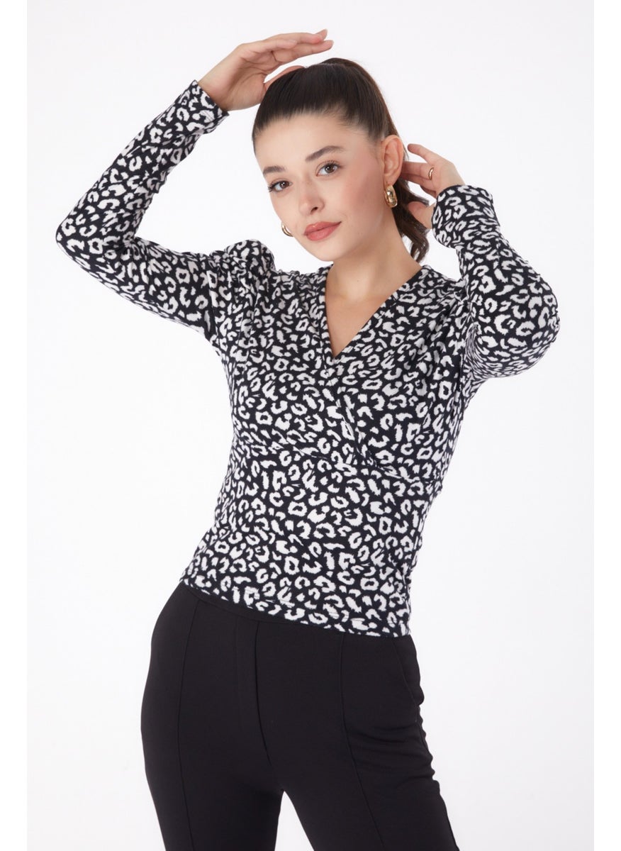 Plain Cowl Collar Women's Black Leopard Patterned Blouse - 26215