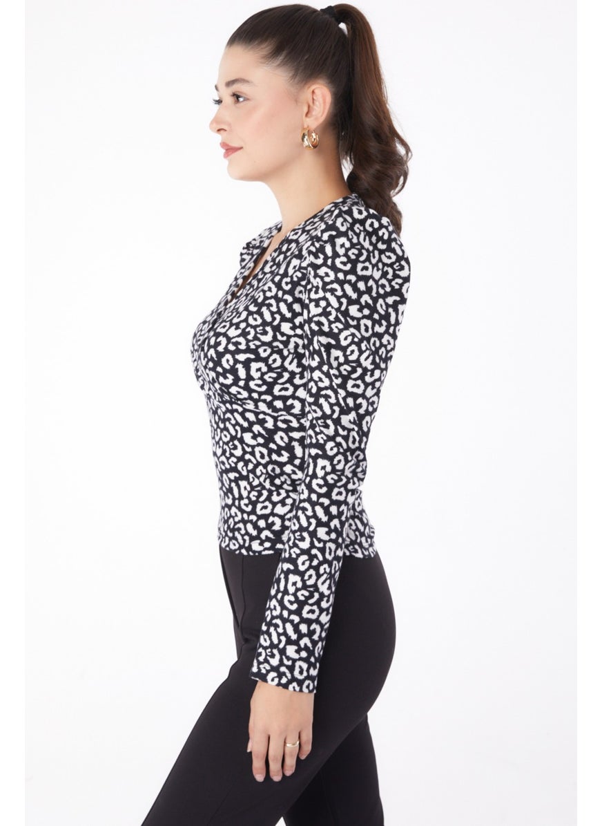 Plain Cowl Collar Women's Black Leopard Patterned Blouse - 26215