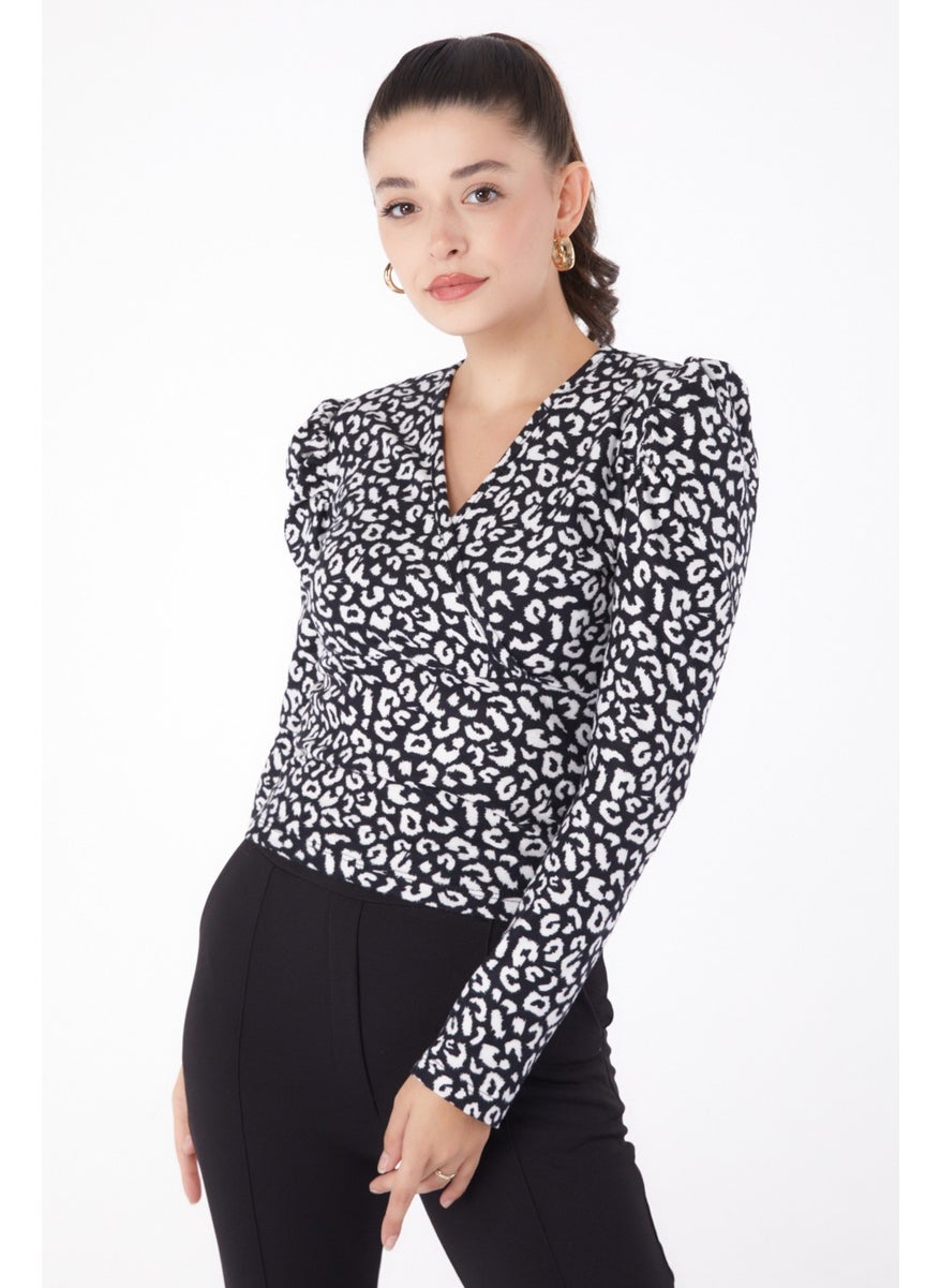 Plain Cowl Collar Women's Black Leopard Patterned Blouse - 26215