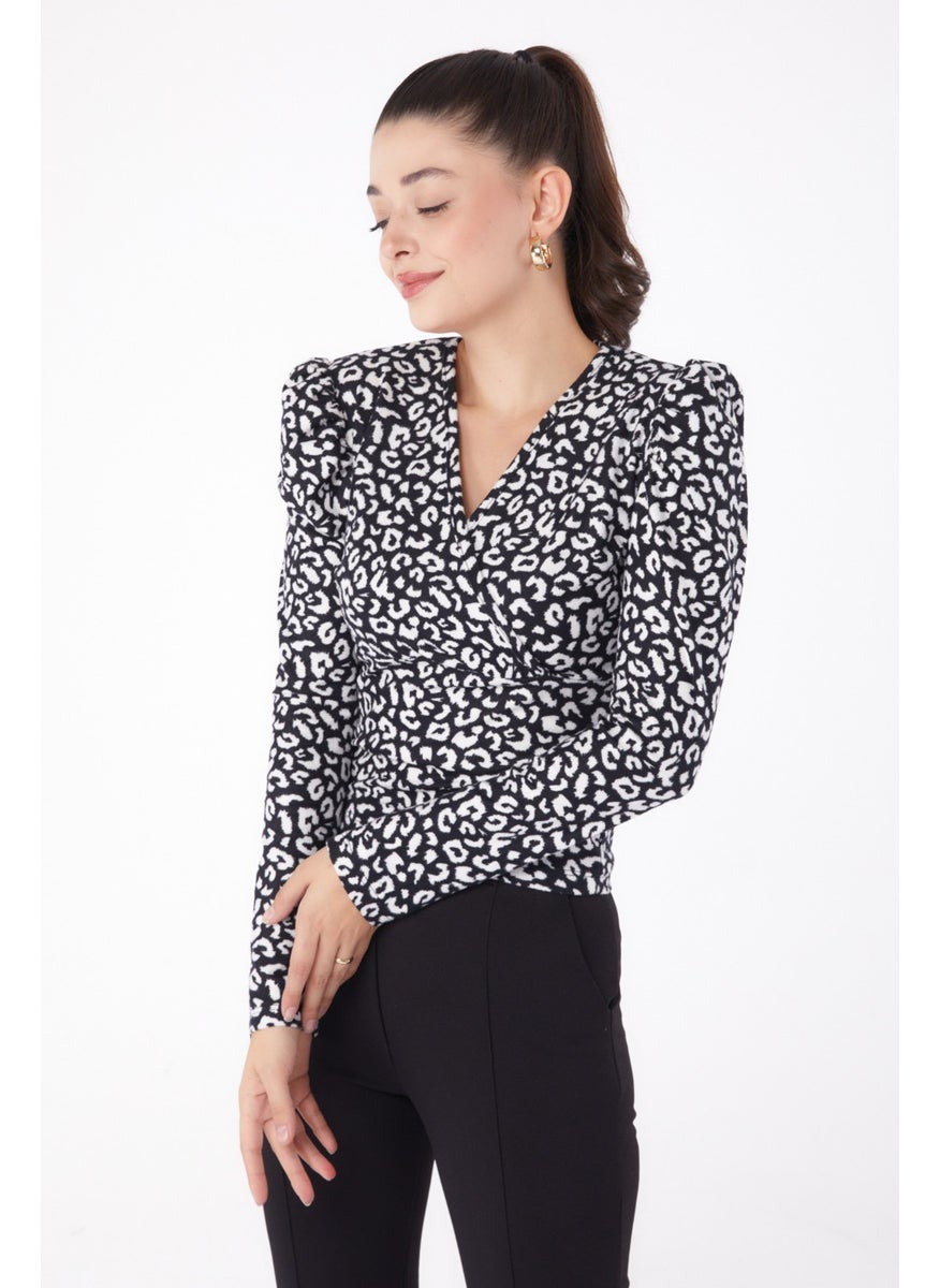 Plain Cowl Collar Women's Black Leopard Patterned Blouse - 26215