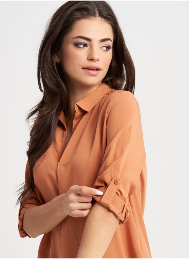 Stylish Rust Colored Blouse with Roll Up Sleeves