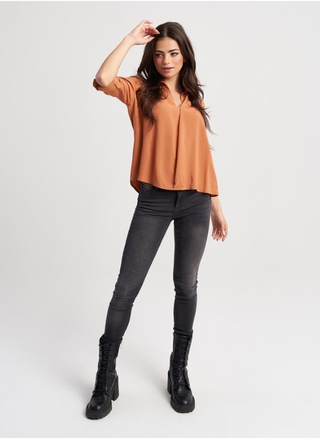 Stylish Rust Colored Blouse with Roll Up Sleeves