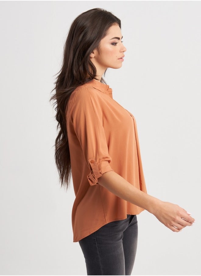 Stylish Rust Colored Blouse with Roll Up Sleeves