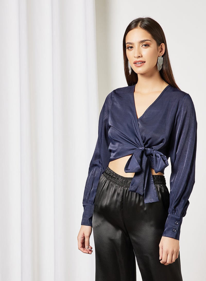 Satin Wrap Blouse Navy