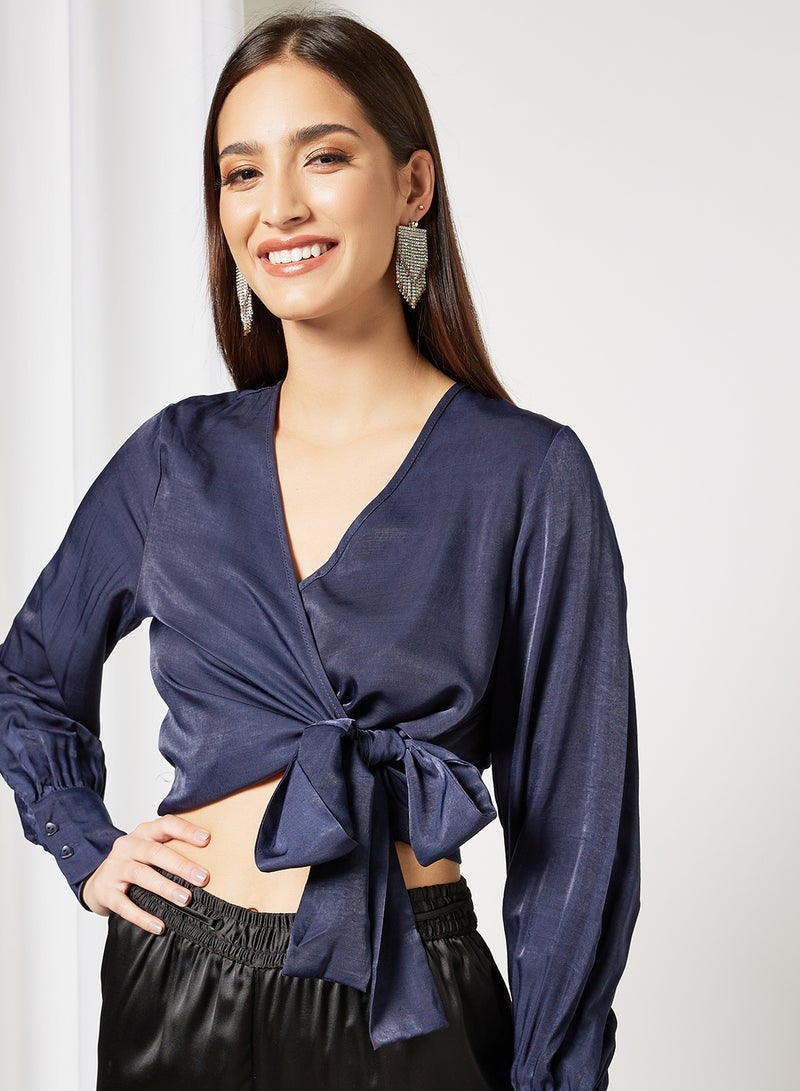 Satin Wrap Blouse Navy