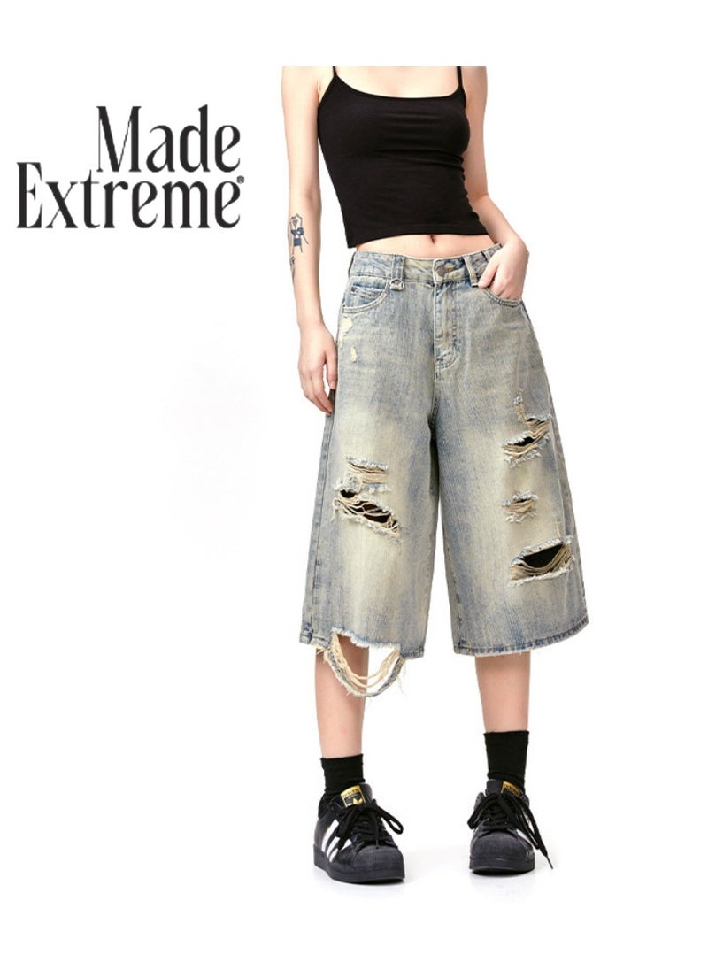 MADEEXTREME Vintage Washed Distressed Cropped Shorts