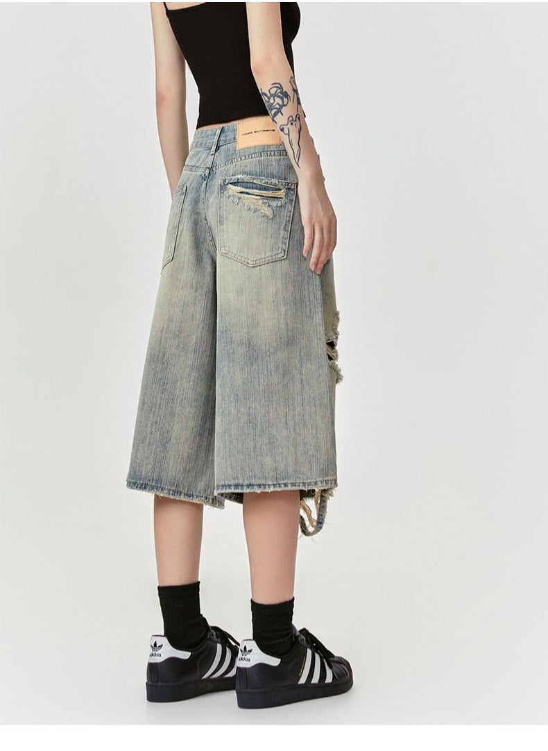 MADEEXTREME Vintage Washed Distressed Cropped Shorts