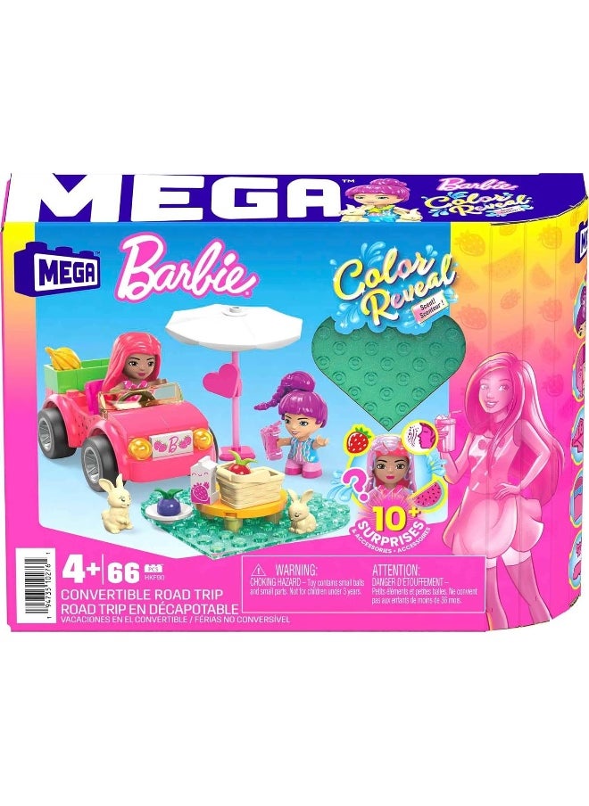 MEGA Barbie Color Reveal Convertible Road Trip Building Toy Car with 2 Dolls (66 Pieces)