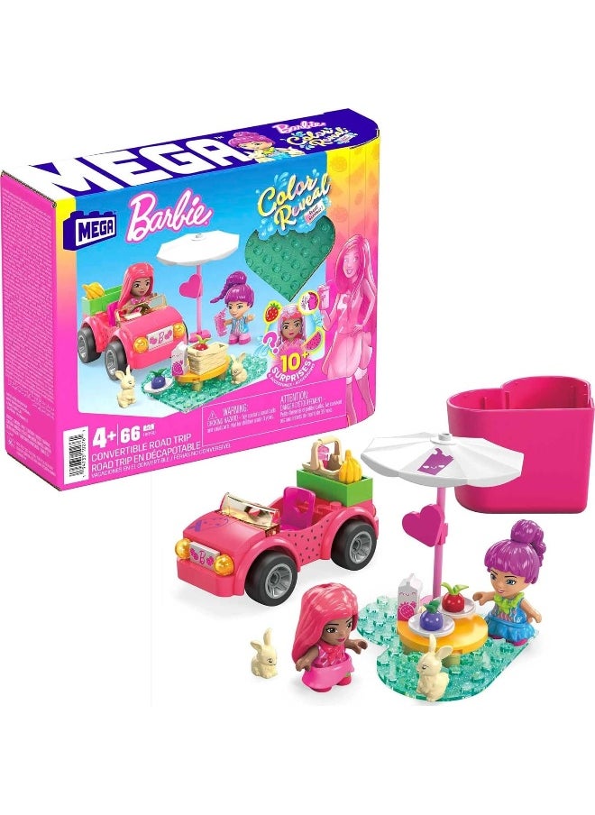 MEGA Barbie Color Reveal Convertible Road Trip Building Toy Car with 2 Dolls (66 Pieces)