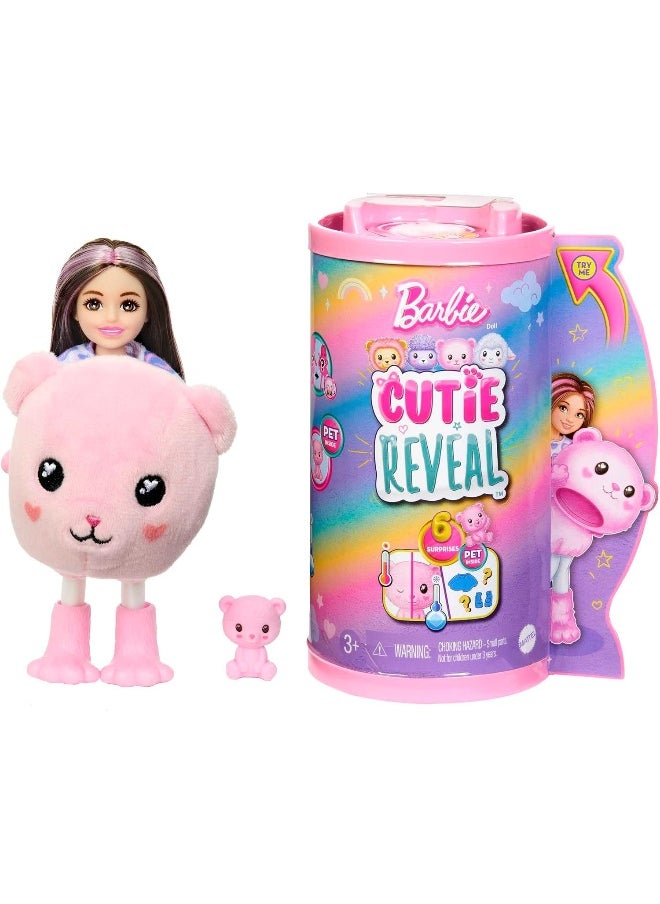 Barbie Cutie Reveal Cozy Cute Tees Series Chelsea Doll & Accessories, Plush Teddy Bear, Brunette Small Doll