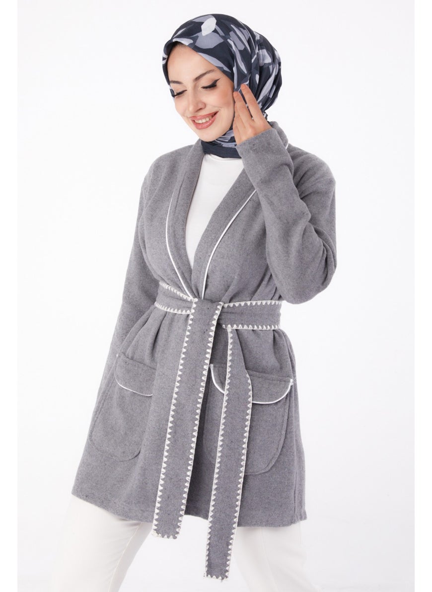 Plain Medium Women's Gray Piping Detailed Cashmere Coat - 13283