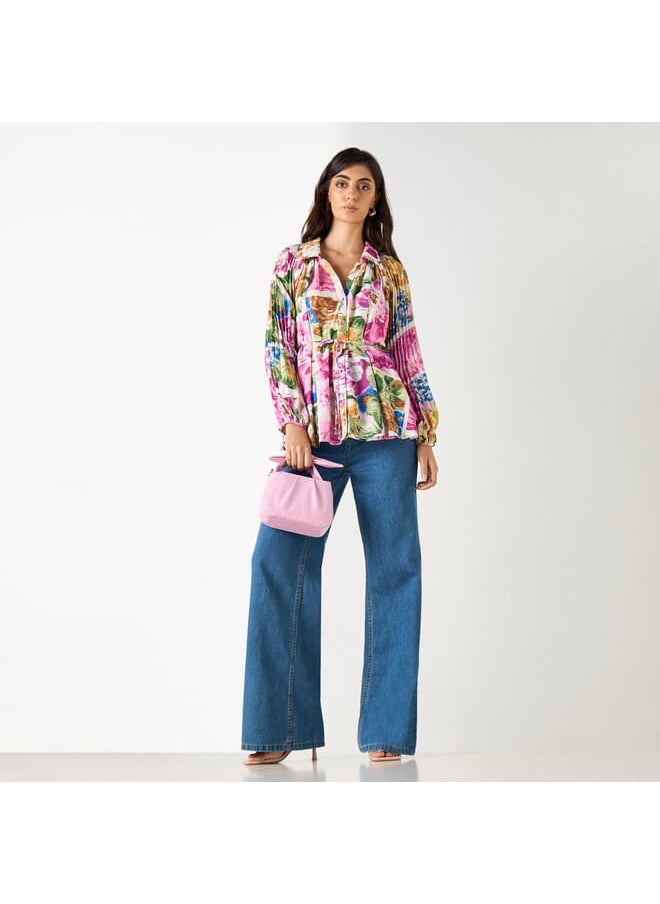 Iconic All-Over Floral Print Shirt with Tie-Up Belt and Volume Sleeves