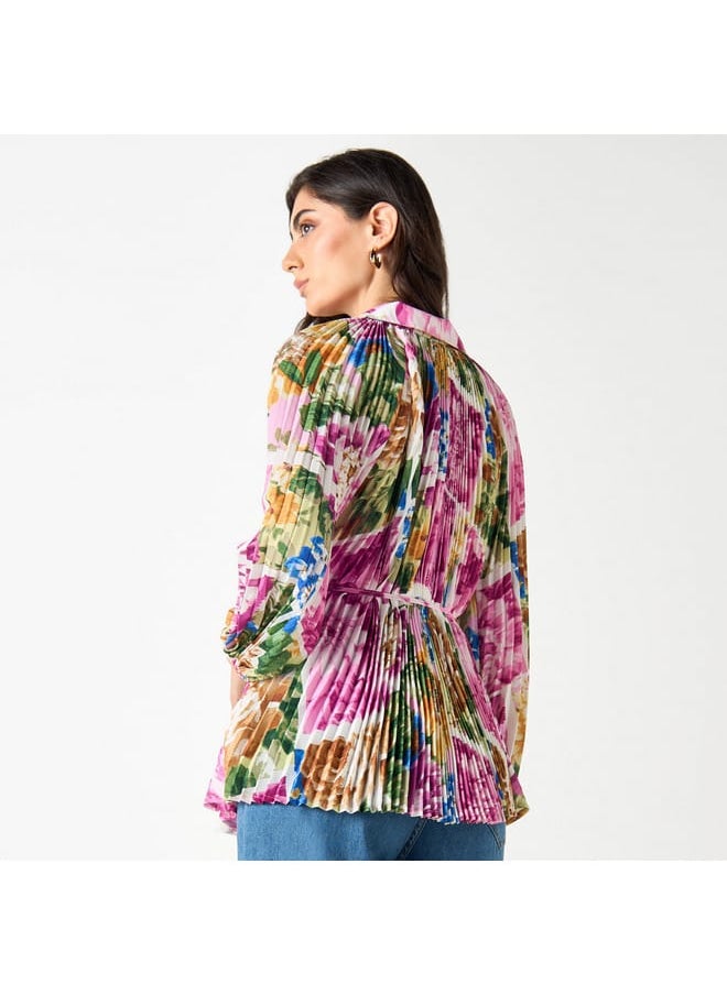 Iconic All-Over Floral Print Shirt with Tie-Up Belt and Volume Sleeves