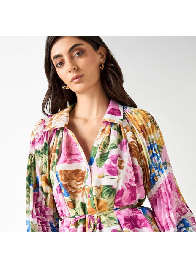 Iconic All-Over Floral Print Shirt with Tie-Up Belt and Volume Sleeves