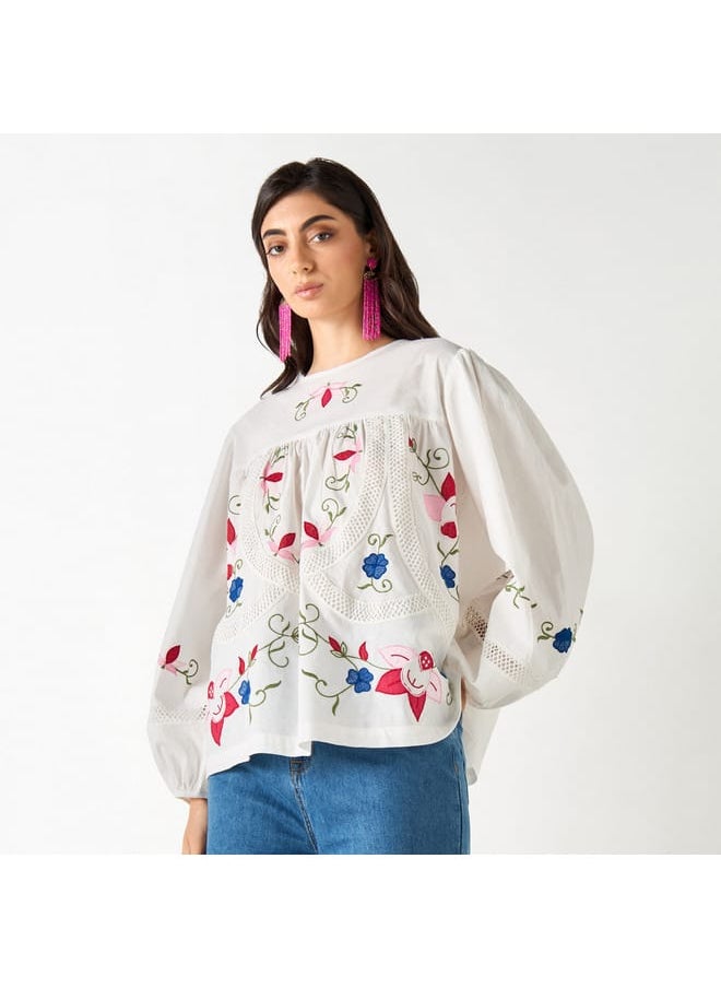 Iconic Embroidered Crew Neck Top with Volume Sleeves