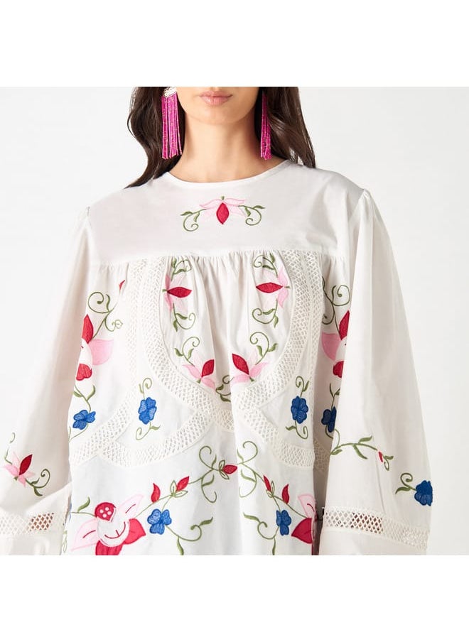 Iconic Embroidered Crew Neck Top with Volume Sleeves