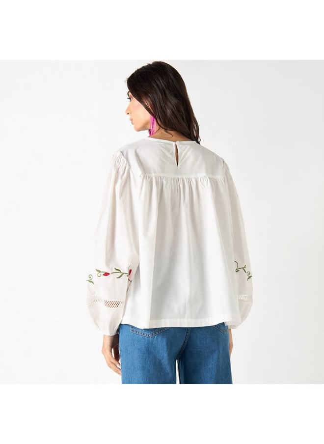 Iconic Embroidered Crew Neck Top with Volume Sleeves