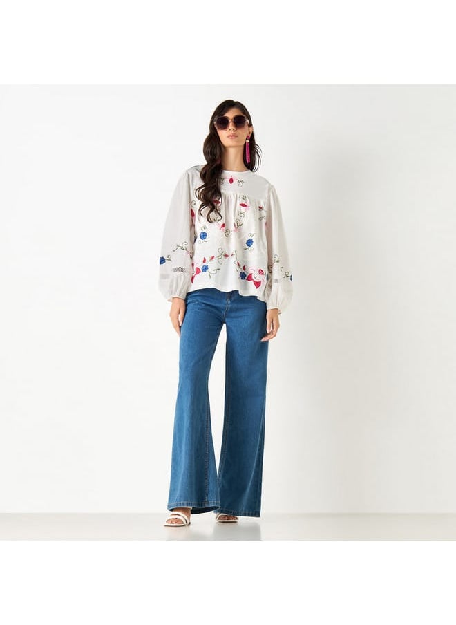 Iconic Embroidered Crew Neck Top with Volume Sleeves