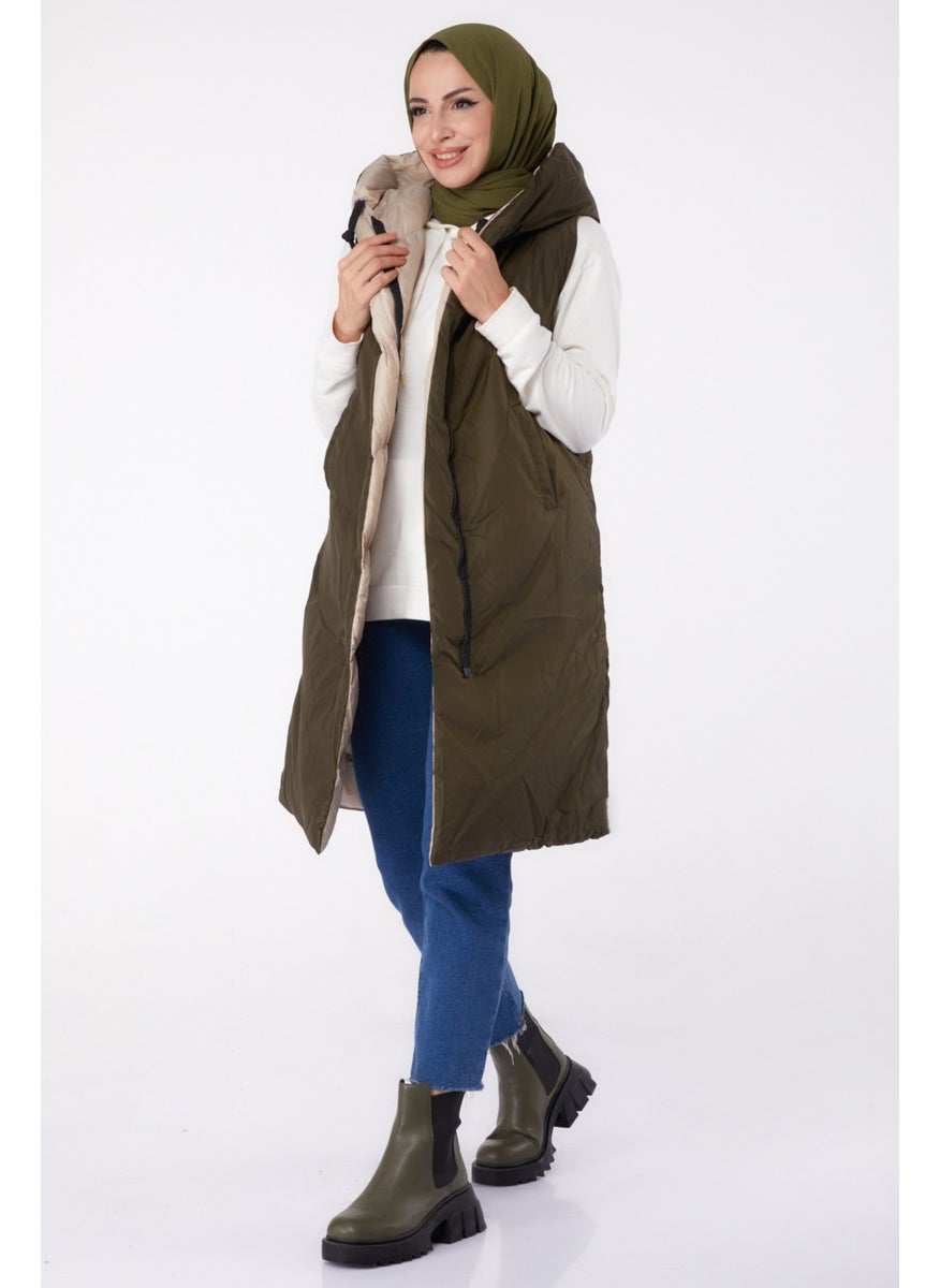 Plain Hooded Collar Women's Beige Khaki Double-Sided Wearable Puffer Vest - 26412