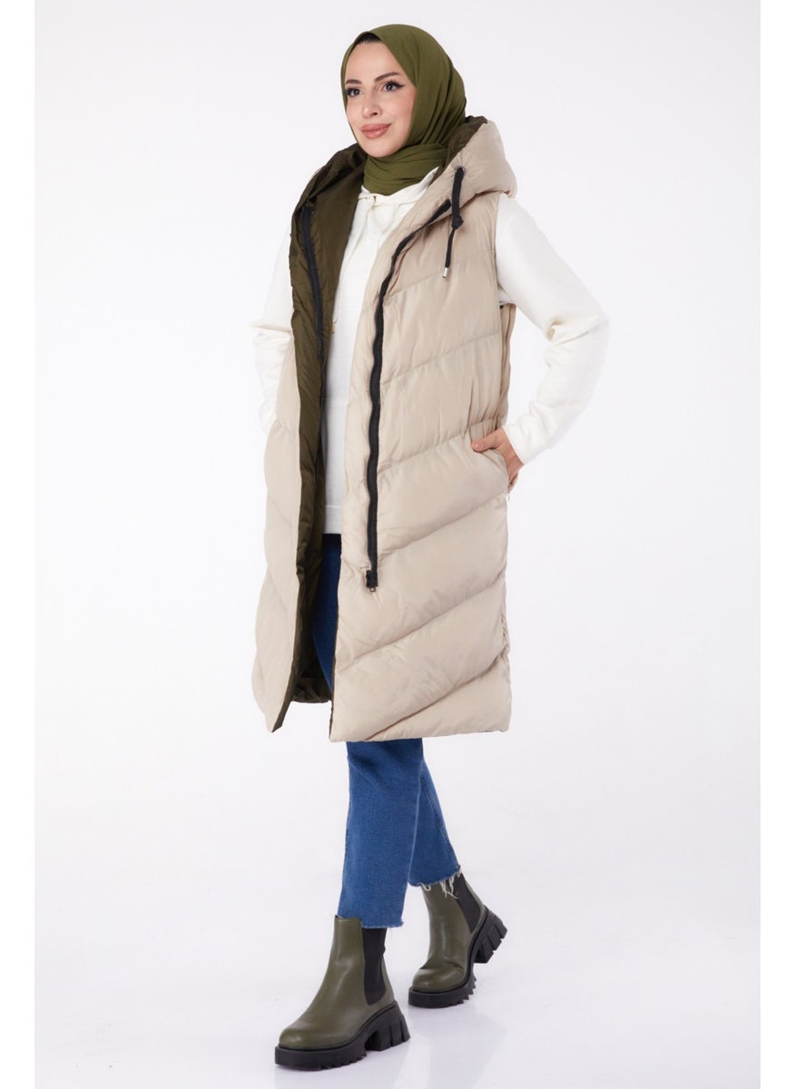 Plain Hooded Collar Women's Beige Khaki Double-Sided Wearable Puffer Vest - 26412